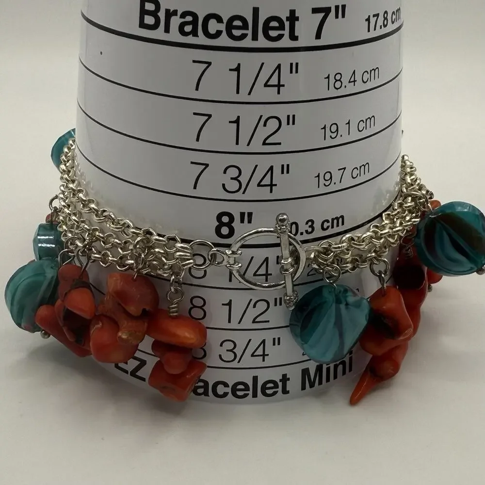 Red Coral Artisan Glass Bracelet Silver Tone Dangle‎ Triple Strand 8.25”